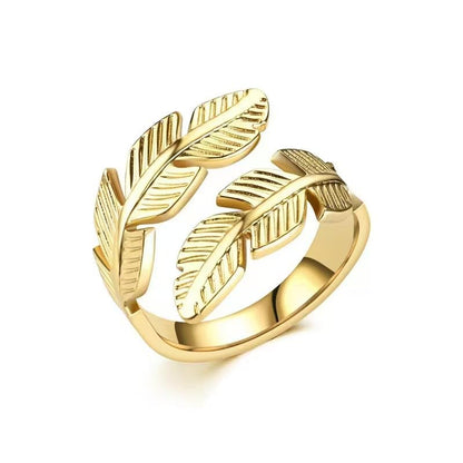 Adjustable Stainless Steel Feather Leaf Ring for Women Men - color: Gold
