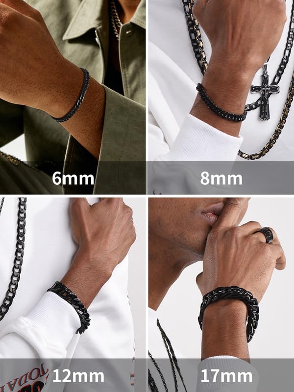 ChainsHouse Stainless Steel Cuban Link Bracelet, 6mm/8mm/12mm/17mm Width, 7.5"/8.3"/9", Black/ 18K Gold Plated Chain Wrist Bracelets for Men Women, Send Gift Box - color: I: Black-12mm width