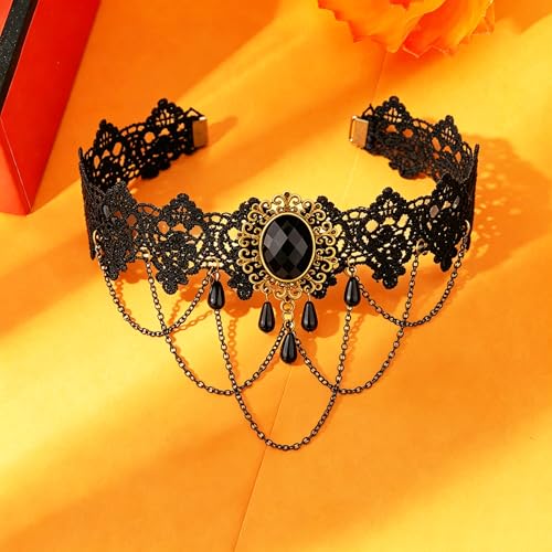 coadipress Gothic Lace Choker Necklace for Women Crystal Royal Court Vampire Choker Gothic Necklace Retro Handmade Halloween Gifts