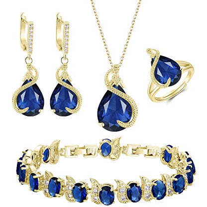 EVER FAITH Wedding Jewelry Set for Bride Bridesmaid, Glamour Teardrop Cubic Zirconia Pendant Necklace Earrings Tennis Bracelet Open Ring Sets for Birthday/Valentine's Day/Mother's Day/Christmas - color: A_Sapphire Blue Gold-Plated-Brass