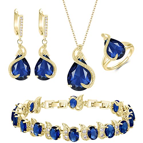 EVER FAITH Pear Cubic Zirconia Wedding Jewelry Set for Bride Bridesmaid - color: Sapphire Blue Gold-Plated-Brass