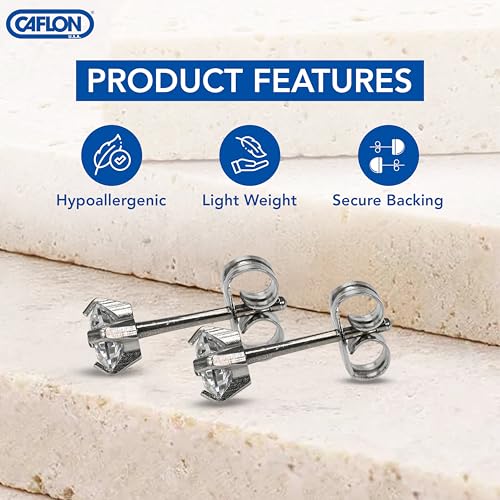 Caflon 24K Gold Plated | Stainless Steel Cubic Zirconia Stud Earrings 4mm | Nickel Safe Hypoallergenic Ear Jewelry | Sparkling Round Silver Tone Crystal Design with Secure Push-Back Closure | Everyday Fashion Jewelry - style: Stainless Steel