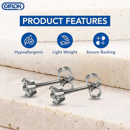 Caflon 24K Gold Plated | Stainless Steel Cubic Zirconia Stud Earrings 4mm | Nickel Safe Hypoallergenic Ear Jewelry | Sparkling Round Silver Tone Crystal Design with Secure Push-Back Closure | Everyday Fashion Jewelry - style: Stainless Steel