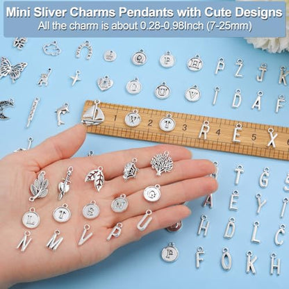 Modacraft 254 Pcs Silver Charms for Jewelry Making with Alphabet Letters | Wholesale Bulk Tibetan Silver Charm Pendants for Bracelet Necklace DIY Crafting - style: Sliver Charm & Letter Charms-254 Pcs