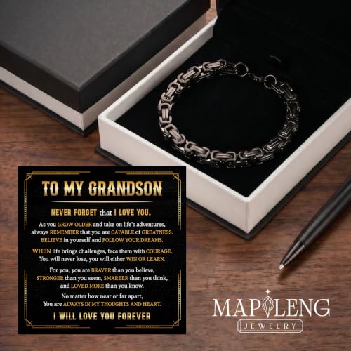 Grandson Gifts from Grandma Grandpa, Black Stainless Steel Bracelet with Meaningful Message Card, Birthday Gift for Grandson, Graduation Christmas Gift, Inspirational Keepsake Jewelry for Men - color: Grandson #10