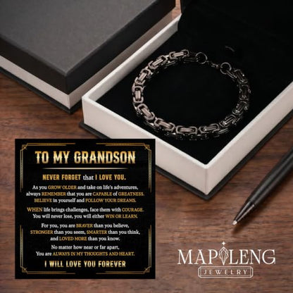 Grandson Gifts from Grandma Grandpa, Black Stainless Steel Bracelet with Meaningful Message Card, Birthday Gift for Grandson, Graduation Christmas Gift, Inspirational Keepsake Jewelry for Men - color: Grandson #10