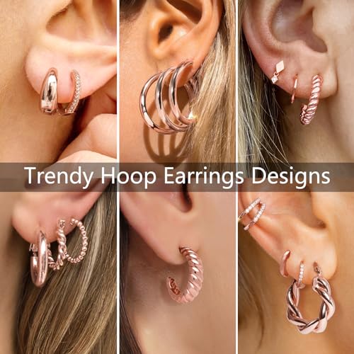 Adoyi 9 Pairs Gold Hoop Earrings Set for Womens Twisted Huggie Hoops Earrings 14K 18K Gold Plated for Girls Valentines Mother's Day Birthday Gifts Lightweight - color: 14K Rose Gold