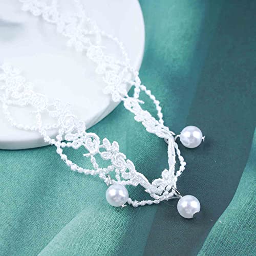 YienDoo Vintage Lace Choker Necklace White Gothic Lace Pattern Punk Tassel White Pearl Beaded Pendant Princess Bridal Lolita Statement Necklace Jewelry For Women
