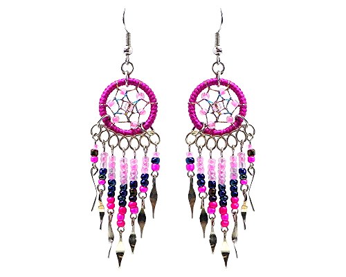 Beaded Dreamcatcher Earrings for Women, Long Boho Fringe Dangle Earrings, Lightweight Colorful Statement Jewelry, Handmade - color: Magenta & Pink