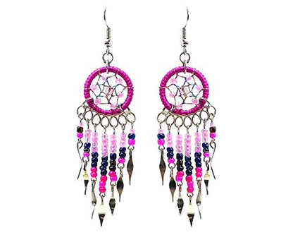 Beaded Dreamcatcher Earrings for Women, Long Boho Fringe Dangle Earrings, Lightweight Colorful Statement Jewelry, Handmade - color: Magenta & Pink