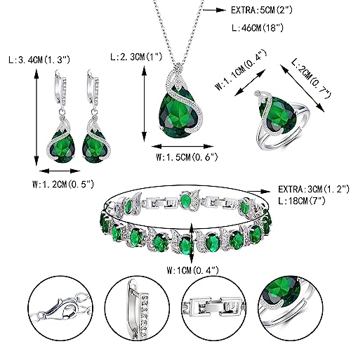 EVER FAITH Wedding Jewelry Set for Bride Bridesmaid, Glamour Teardrop Cubic Zirconia Pendant Necklace Earrings Tennis Bracelet Open Ring Sets for Birthday/Valentine's Day/Mother's Day/Christmas - color: A_Green Silver-Plated-Brass