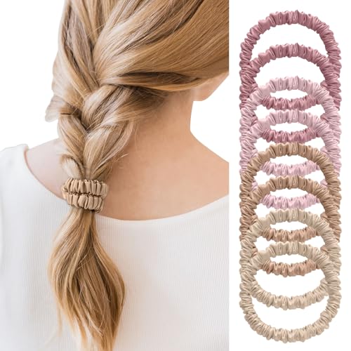 8Pcs Mulberry Silk Scrunchies Set, Silk Hair Ties Elastic for Women, Skinny Scrunchies Reduces Breakage for All Hair Types Srevela (Dusty Rose & Beige Palette) - color: Dusty Rose & Beige Palette, size: 1 Count (Pack of 8)
