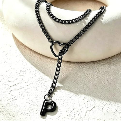 Black Heart Slip Chain Initial Necklaces for Women, Stainless Steel Wrap Choker Necklace, Gothic O-Ring Adjustable Lariat Y Necklaces, Punk Cuban Collar Choker Necklace, Halloween Jewelry Gift - color: Black P