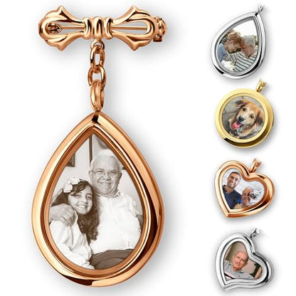 Personalized Photo Wedding Bouquet Charm, Double Sided Round Glass Photo Locket Pendant Pin Brooch, Handmade Memorial Picture Frame Bridal Shower Gift For Bride & Groom - color: Teardrop - Rose Gold