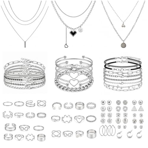 68-80 Pcs Jewelry Sets for Women, Gold Silver Bulk Jewelry Set with Rings Earrings Necklaces Bracelets, Hypoallergenic Fashion Jewelry Sets for Women Wedding Birthday Gifts - color: Silver 1