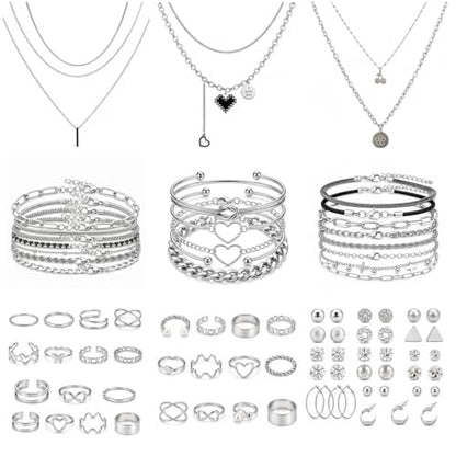 68-80 Pcs Jewelry Sets for Women, Gold Silver Bulk Jewelry Set with Rings Earrings Necklaces Bracelets, Hypoallergenic Fashion Jewelry Sets for Women Wedding Birthday Gifts - color: Silver 1