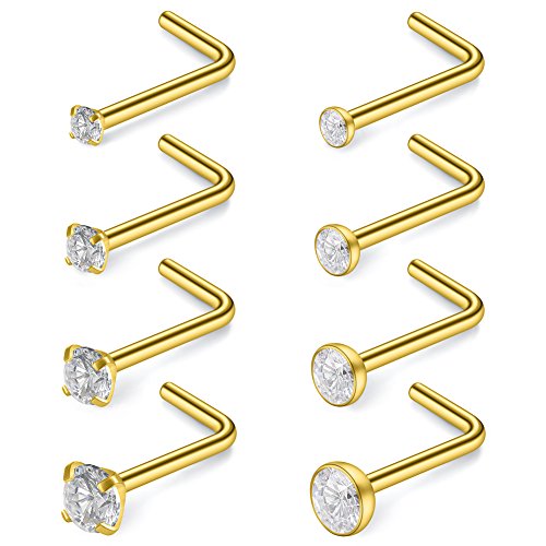 SCERRING 18G Stainless Steel L-Shaped Nose Stud Rings Tragus Lip Hoop Piercing Jewelry 1.5-3mm Clear CZ 8-30PCS - color: 8PCS - Gold