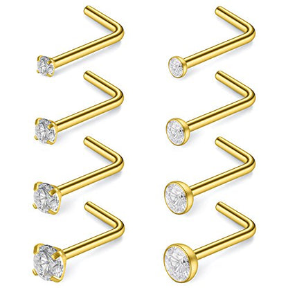 SCERRING 18G Stainless Steel L-Shaped Nose Stud Rings Tragus Lip Hoop Piercing Jewelry 1.5-3mm Clear CZ 8-30PCS - color: 8PCS - Gold