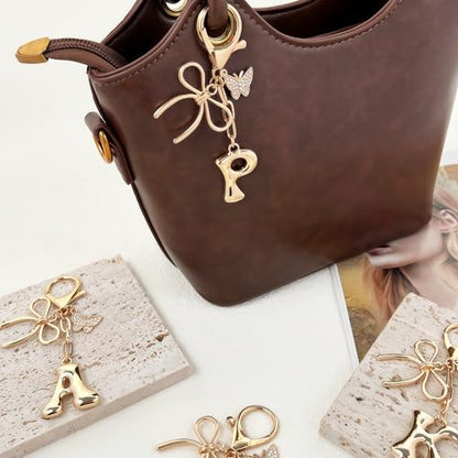 Gold Bubble Heart, Cherry, Bow & More Designs Letter Initial Keychain Bag Charms – Cute Purse Charms for Handbags - color: Bow & Butterfly, style: P