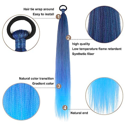 LyoRuSi Blue Gradient Braid Ponytail Extension 26'' Braid Hair Extensions | Ponytail Extension with Hair Tie Straight Sleek Wrap Around Braid Hair Extensions Ponytail Natural Soft Synthetic Hairpiece - color: Blue gradient#（Black/Blue/Light Blue）, size: 2