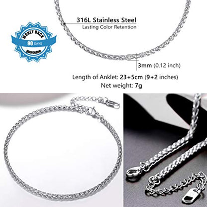 PROSTEEL Ankle Bracelets for Women, Silver/Gold/Black, Waterproof Anklets | Waterproof, Stainless Steel, Summer Beach Jewelry, Durable & No Tarnish, Come with Gift Box, 8-10.5" Adjustable, Plus Size - color: G: silver-wheat chain-3mm