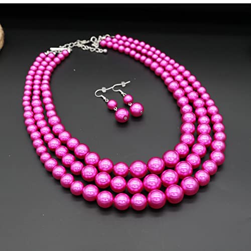 Chunky Layered Imitation Pearl Necklace for Women 3 strand Pearl Necklaces Faux Pearl Necklace Earrings Set 1920s Flapper Gatsby Costume Accessories - color: 3 strand pearl necklace Fuchsia