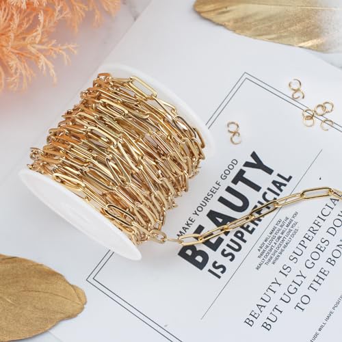 16.4 FT Gold PVD Plated Chains for Jewelry Making 4MM Paperclip Chain Link | Stainless Steel Gold Chain Bulk with Lobster Clasps Jump Rings for Women Men Necklace Making Supplies - color: Gold-5