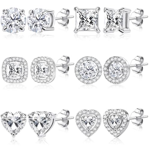 ONESING 6 Pairs Stud Earrings for Women 14K Gold/Silver Plated Hypoallergenic Cubic Zirconia Earrings Studs Stianless Round Square Heart CZ Stud Earrings Set for Women Men - color: Silver