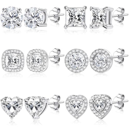 ONESING 6 Pairs Stud Earrings for Women 14K Gold/Silver Plated Hypoallergenic Cubic Zirconia Earrings Studs Stianless Round Square Heart CZ Stud Earrings Set for Women Men - color: Silver
