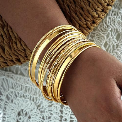 ÌF ME Gold Bangle Bracelets for Women, Indian Bangles Stackable Set, Multi Layer Textured 18K Gold Plated Chunky Bracelets Boho Jewelrys Set - style: D-14PCS Indian bangles