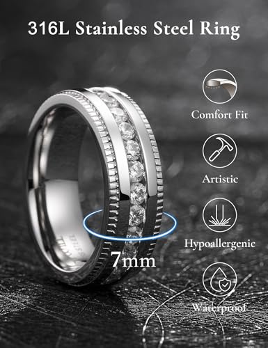 King Will 316L Stainless Steel Wedding Band for Men Cubic Zirconia Inlay | Silver-Tone, 6/7/8mm, Comfort Fit, Durable, Zirconia inlay, Promise Gift - color: Steel-White-7mm