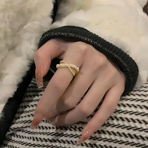 Mettclasi Women's 14K Gold Plated Stackable Ring Crystal Inlaid Dainty Trendy Cute Adjustable Open Twist Rings Jewelry Gifts - style: Pearls