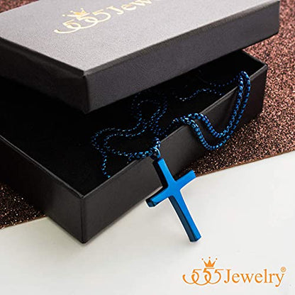 555Jewelry Stainless Steel Cross Adjustable Rolo Chain Pendant Necklace 16-28'' Inches - color: Blue