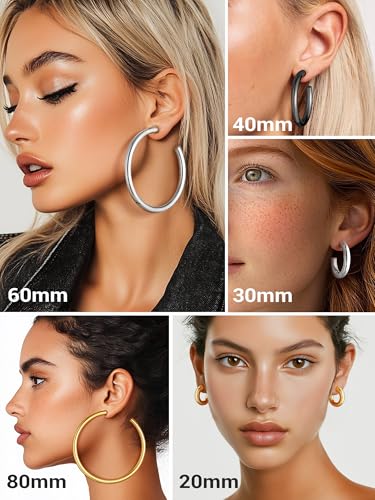 PROSTEEL Chunky Hoop Earrings for Women 14K Gold Plated/Black/Silver | 20/30/40/50/60/70/80mm Stainless Steel Thick Big Round Hoop with Waterproof and Non Tarnish Trendy Jewelry with Gift Box - color: 2. Gold, size: 80MM