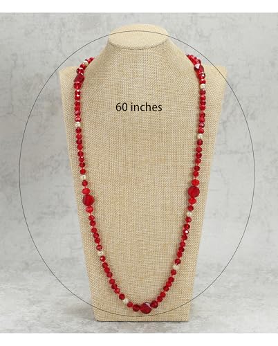 Trendy Infinity Wrap 60’’ Long Statement Necklace, Earrings and Bracelet Set - Hand Knotted Versatile Crystal and Shell Beads Strand Necklace and Chunky Beaded Stretch Bracelet Stack – Jewelry Set Gift for Women - color: hot pink