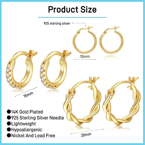 PABBEU 925 Sterling Silver Small Hoop Earrings Set for Women Hypoallergenic | 3Pairs Cubic Zirconia Small Huggie Hoop Earrings Set 13/15/20mm,Nickel-Free Lightweight Comfortable Sleeper Earrings Gift Set - color: 13/15/20mm HMT Gold