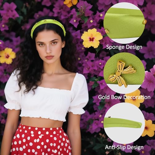 CURASA Padded Headband For Women Cute Non Slip Head Band Soft Sponge Hairband Green Trendy Satin Hairbands Fashion Gold Metal Bow Decorative Hair Hoop Comfortable Elastic Yoga Hair Accessories