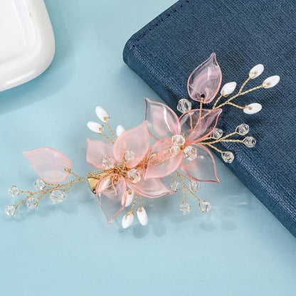 Wedding Hair Clips, Crystal Hair Pins Pearl Rhinestone Hair Barrettes, Bridal Flower Hair Pieces Pearl Headpieces Hair Accessories for Women Girls (Light Pink) - color: Light Pink