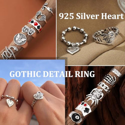 17IF 26-35 Pcs Vintage Silver Knuckle Ring Set for Women Men, Gothic Rings | Grunge Chunky Aesthetic Snake Stackable Adjustable Punk Bulky Finger Alt Fairy Skull Frog Heart Star Flower Midi Ring Pack - style: 21 Red Clown