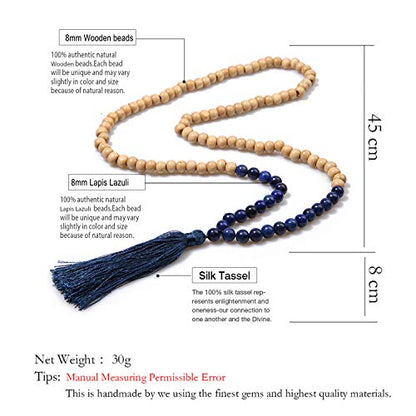 8MM Semi-Precious Gem Stones Wood Mala Bead Necklace | Multicolor Long Tassel Charms Chain Necklace,Handmade Beaded Pendant Necklace for Women Men - color: Wooden+ Lapis Lazuli