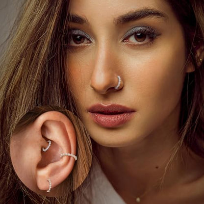 FUNLMO 316L Surgical Steel Nose Ring Septum Ring Cube Zircon Cartilage Earring Conch Tragus Helix Rook Daith Piercing Jewelry - style: 16G 8mm, Silver,horse eyes round CZ