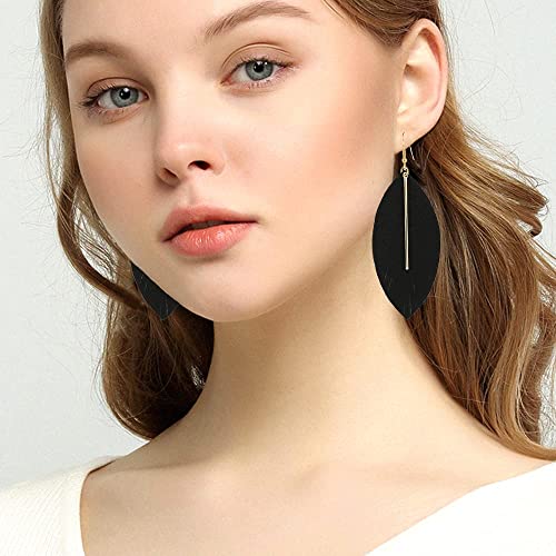 YUNXI Large Genuine Soft Leather Handmade Fringe Feather Lightweight Leaf with Simple Drop Metal Bar Tear Drop Dangle Color Earrings for Women - color: Black
