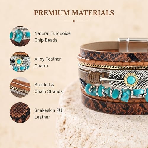 Long tiantian Boho Western Bracelets for Women Leather Wrap Bracelets Turquoise Bracelet Western Jewelry Country Concert Outfits - color: A1:western bracelet for women（brown）