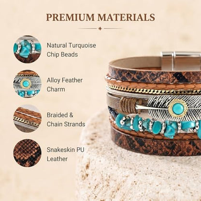 Long tiantian Boho Western Bracelets for Women Leather Wrap Bracelets Turquoise Bracelet Western Jewelry Country Concert Outfits - color: A1:western bracelet for women（brown）