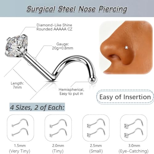 8Pcs 316L Surgical Stainless Steel 20G Nose Studs Set, High Polish Finish Corkscrew Nose Rings, Clear Cubic Zirconia, Size 1.5-3MM - size: For Men: 8Pcs/20g/1.5/2.0/2.5/3.0mm