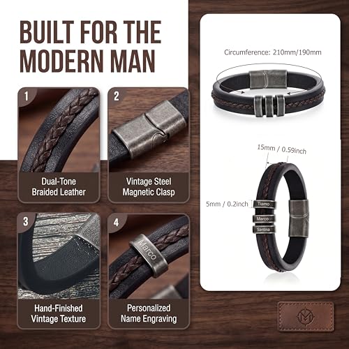 Personalized Bracelet for Men, Engraved Name Bead Braided Leather Bracelet for Dad Husband Grandpa Son, Custom Stainless Steel Men's Bracelet - color: 3 names