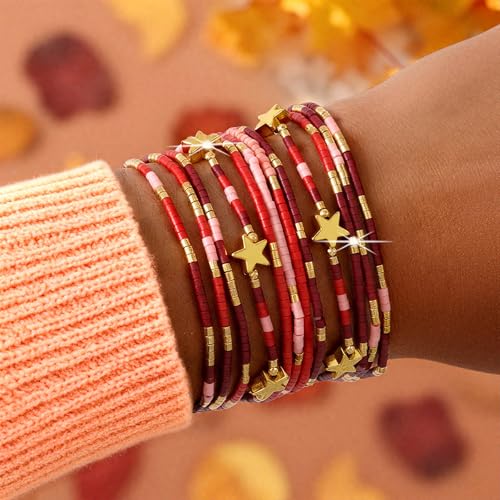 Gold Beaded Bracelets Stack for Women Stocking Stuffers 12PCS Boho Gold Plated Seed Beads Bracelet Stretch Star Stackable Accessories Jewelry Friendship Fall Christmas Gifts for Women - color: Red