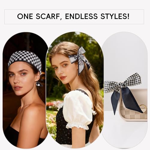 ZXZH 6 Pack Fashion Scarves for Women, Versatile Boho Head Scarf | Satin Scarf for Hair, Neck, Wrist, and Purse Accessories - color: Black & White Check