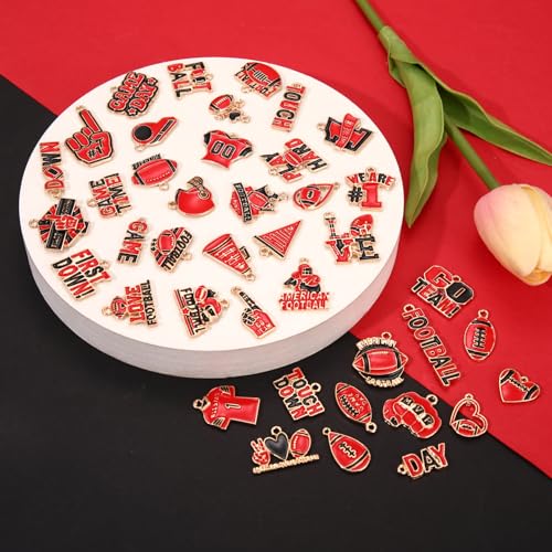 40PCS Game Day Charms for Bracelet Making Enamel Football Charms for Bracelet Necklace Earrings Jewelry Making DIY Football Mom Accessories Gifts - color: Red Black