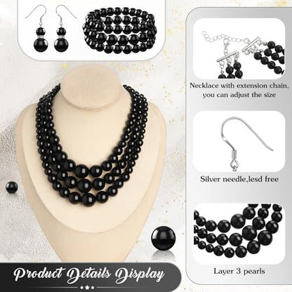 Haysandy Pearl Jewelry Set for Women 20s Jewelry Gift | Retro Layered Necklace Bracelet Earring, Costume Accessories for Derby Wedding Prom Party, Dress Matching Occasions - color: Black